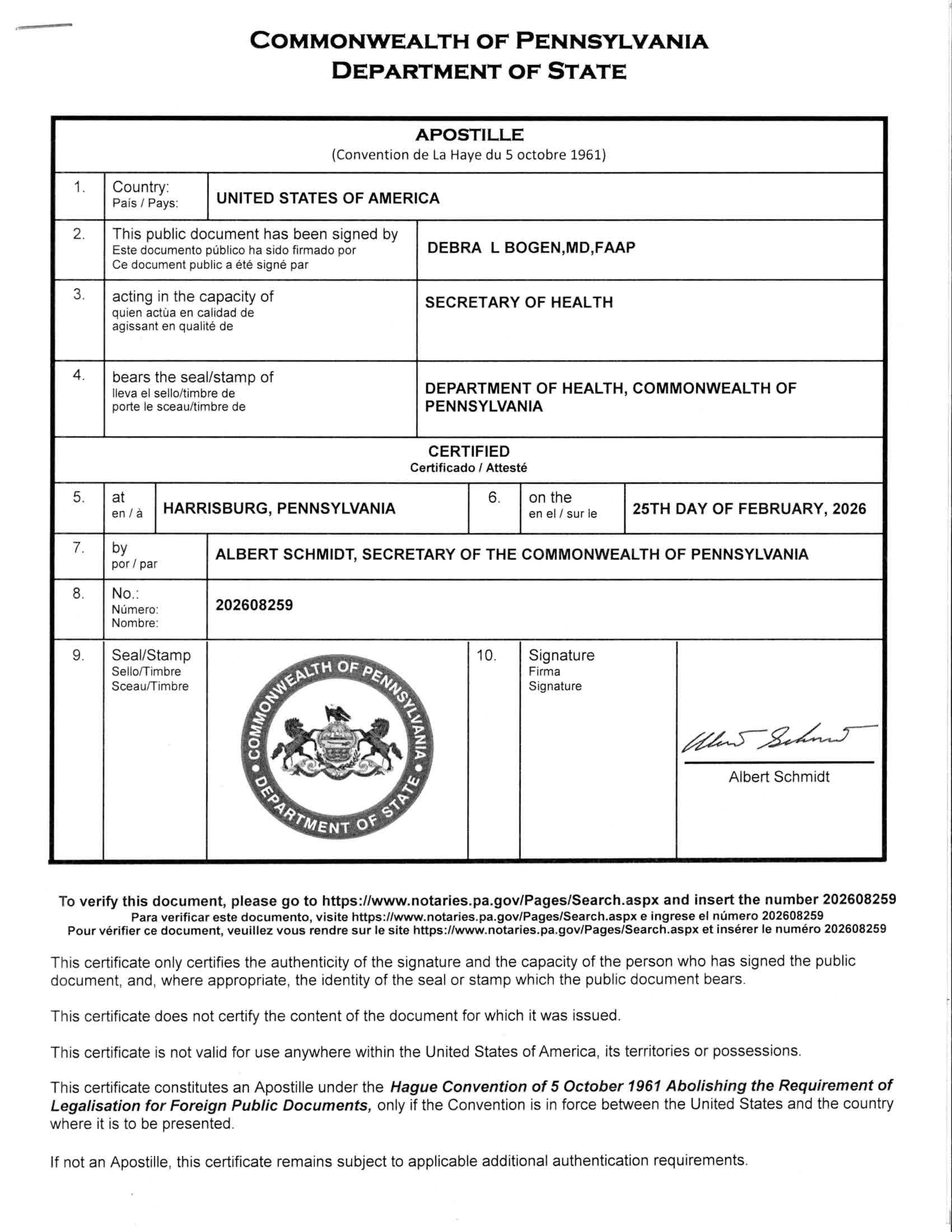 State Apostille document